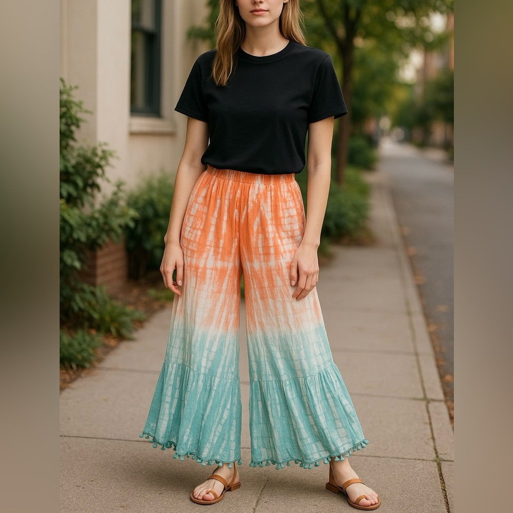Z&L Europe Women's Tie-Dye Wide-Leg Pom Pom Pants